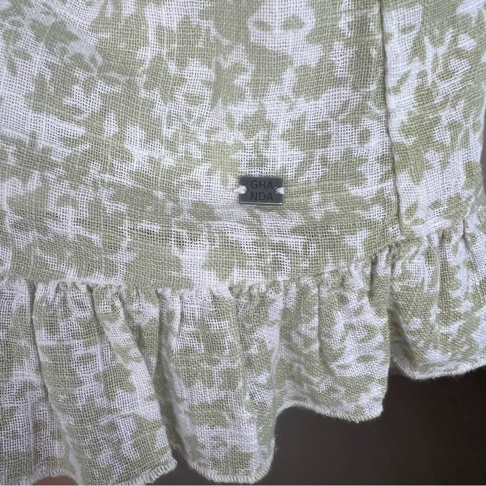 Ghanda Field Mini Dress Green White Floral Back Waist Tie Frill Hem Boho Size M - Picture 10 of 14